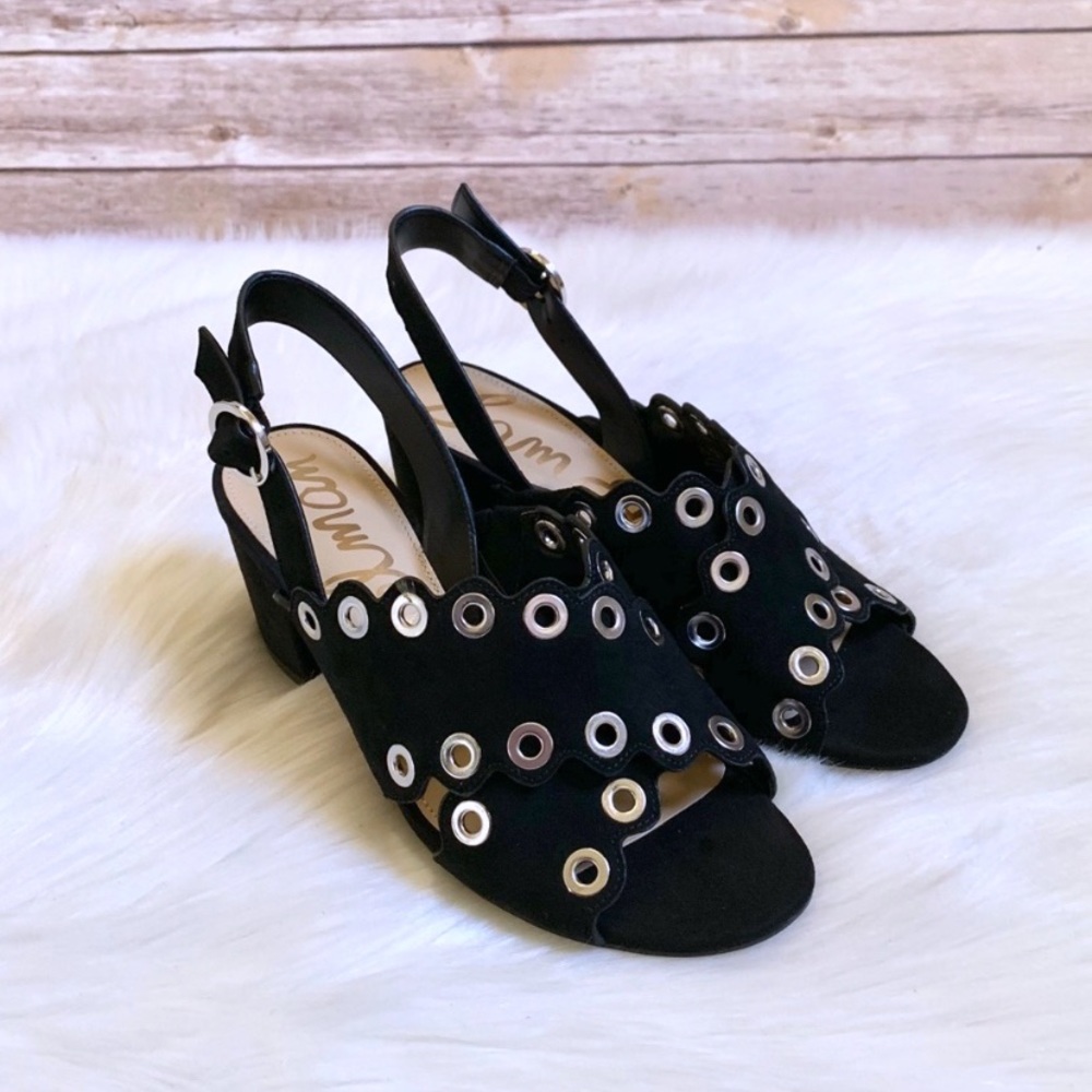 Sam Edelman Black Suede Grommet Block Heel Sandals - Picture 6 of 8